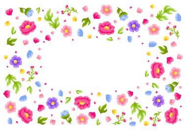 Güzel çiçeklerle çerçevelenmiş. Güzel dekoratif doğal bitki, tomurcuk ve yapraklar..