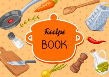 Yemek tarifleri kitabı. Mutfak gereçleriyle dolu bir arka plan. Ev ve tarif ögeleri için pişirme araçları.