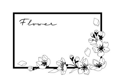 Bahar çiçekleriyle çerçevelenmiş. Elma, sakura veya kiraz çiçeği. Güzel dekoratif bitkiler. Doğal illüstrasyon.