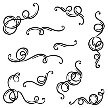 Vignette kıvrımlı elementler seti. Dekoratif kaligrafik ayırıcılar veya çerçeveler. Tek renkli retro girdaplar.