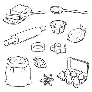 Fırın aletleri seti. Ev ve yemek tarifleri için yemek aletleri. Biçimlendirilmiş illüstrasyon.