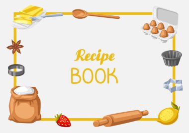 Fırın aletleriyle donatılmış bir arka plan. Ev ve yemek tarifleri için yemek aletleri. Biçimlendirilmiş illüstrasyon.