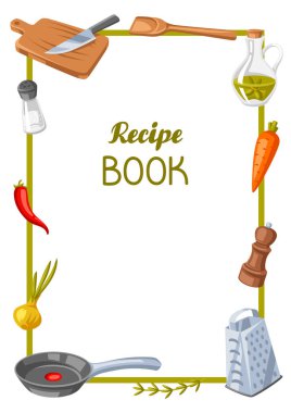 Mutfak gereçleriyle dolu bir arka plan. Ev ve yemek tarifleri için yemek aletleri. Biçimlendirilmiş illüstrasyon.