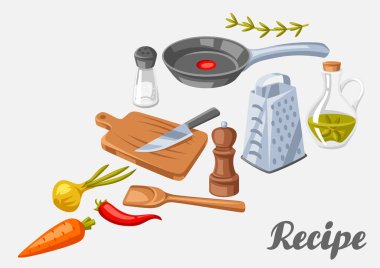 Mutfak gereçleriyle dolu bir arka plan. Ev ve yemek tarifleri için yemek aletleri. Biçimlendirilmiş illüstrasyon.