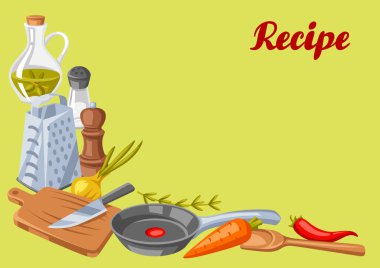 Mutfak gereçleriyle dolu bir arka plan. Ev ve yemek tarifleri için yemek aletleri. Biçimlendirilmiş illüstrasyon.