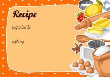 Fırın aletleriyle donatılmış bir arka plan. Ev ve yemek tarifleri için yemek aletleri. Biçimlendirilmiş illüstrasyon.