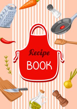 Yemek tarifleri kitabı. Mutfak gereçleriyle dolu bir arka plan. Ev ve tarif ögeleri için pişirme araçları.