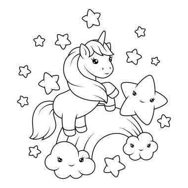 Tek boynuzlu at ile yazdır. Doğum günü partisi tasarımın kutlu olsun. Peri masalı çocuk çizimi.