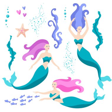 Bir dizi deniz kızı ve deniz yaratıkları. Su altı harikalarının ya da muhteşem yaratıkların görüntüsü. Stili illüstrasyon..