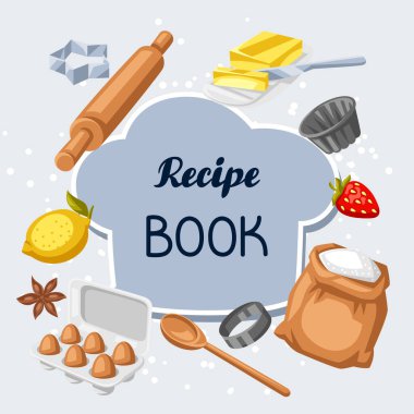 Yemek tarifleri kitabı. Fırın aletleriyle donatılmış bir arka plan. Ev ve tarif ögeleri için pişirme araçları.