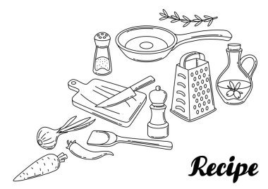 Mutfak gereçleriyle dolu bir arka plan. Ev ve yemek tarifleri için yemek aletleri. Biçimlendirilmiş illüstrasyon.