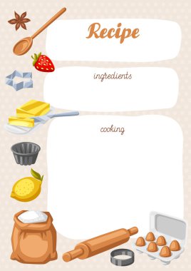 Fırın aletleriyle donatılmış bir arka plan. Ev ve yemek tarifleri için yemek aletleri. Biçimlendirilmiş illüstrasyon.