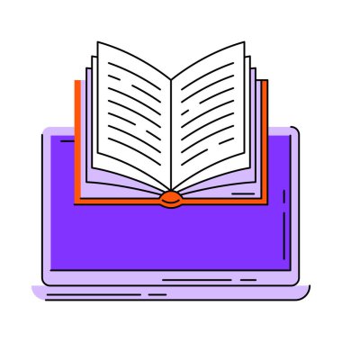 Diz üstü bilgisayarı açık. Dijital kütüphane konsepti. E-kitap çevrimiçi okuma.