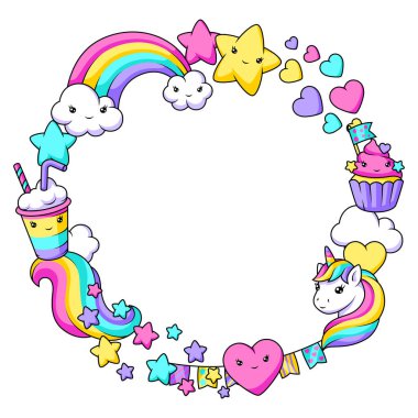 Tek boynuzlu at çerçevesi. Doğum günü davetin kutlu olsun. Peri masalı çocuk çizimi.