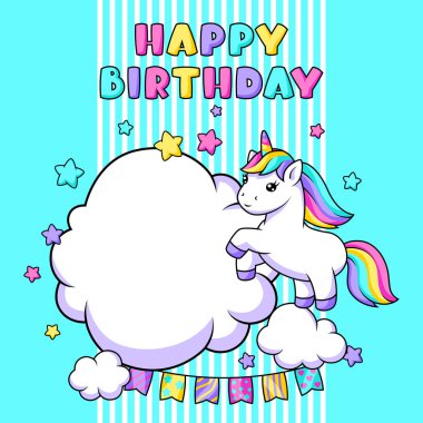 Tekboynuzlu kart. Doğum günü davetin kutlu olsun. Peri masalı çocuk çizimi.