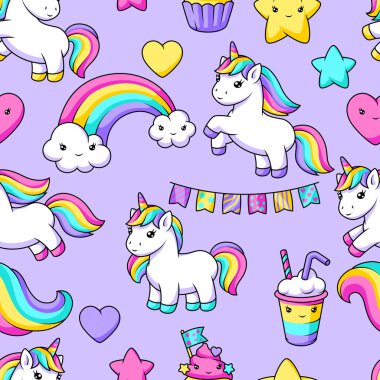 Tek boynuzlu at deseni. Doğum günün kutlu olsun. Peri masalı çocuk çizimi.