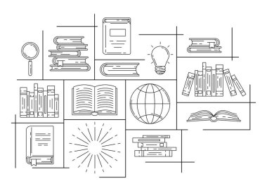 Geçmişi kitaplarla dolu. Eğitim ve okul için görüntü. Dijital kitaplık ögesi.