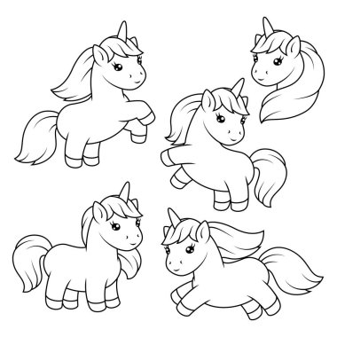 Bir çift tek boynuzlu at. Mutlu yıllar dekoratif eşyalar. Peri masalı çocuk çizimi.