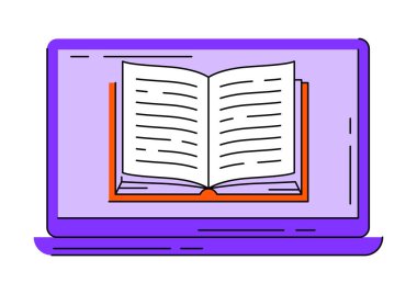 Diz üstü bilgisayarı açık. Dijital kütüphane konsepti. E-kitap çevrimiçi okuma.