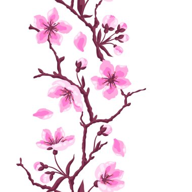 Bahar çiçekleriyle desen. Elma, sakura veya kiraz çiçeği. Güzel dekoratif bitkiler. Doğal illüstrasyon.