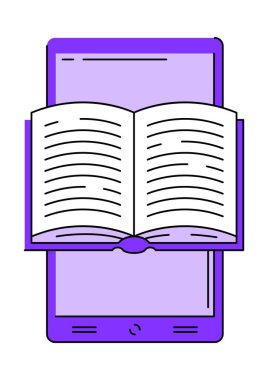 Açık kitaplı akıllı telefon. Dijital kütüphane konsepti. E-kitap çevrimiçi okuma.