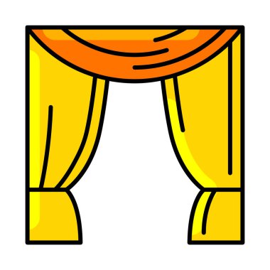 Perdeler ve perde ikonu. Ev dekorasyonu elementi ince çizgi çizimi. Tasarım için ev dekorasyonu.