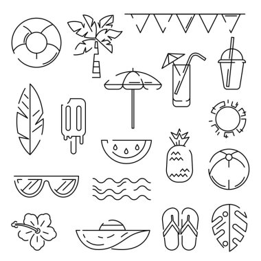 Yazlık eşyalar. Stylize plaj nesneleri. Tatil illüstrasyonu.