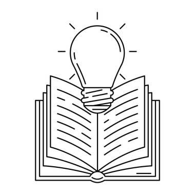 Ampul ve kitap. Fikir konsepti çizimi. Eğitim ve okul için görüntü. Dijital kitaplık ögesi.