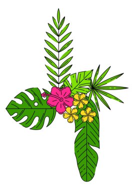 Stilize edilmiş palmiye yapraklarıyla yazdırın. Tropikal yeşillik ve bitkilerin dekoratif görüntüsü. Egzotik doğa.