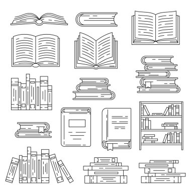 Bir dizi kitap ikonu. Eğitim ve okul için imaj. Dijital kitaplık ögeleri.