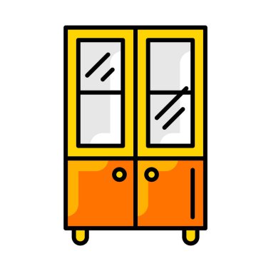 Rafların simgesi olan dolap. Ev dekorasyonu elementi ince çizgi çizimi. Tasarım için ev dekorasyonu.