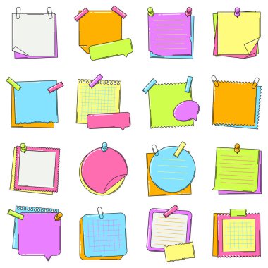 Kağıt notlar hazır. İğne ve yapışkan bantlı çıkartmalar. Hatırlatmak için çerçeveler ya da arka planlar. Doğrusal biçim.