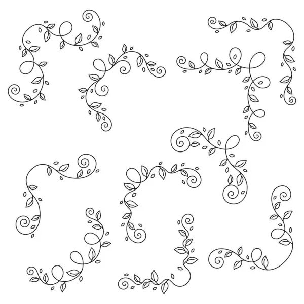 Çiçeklerin kıvrımlı köşeleri. Yapraklı dekoratif doğa unsurları. Retro girdap.