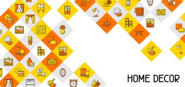 Ev dekoru simgeleri arka planı. Aile içi eşyalar ince çizgi çizimi. Tasarım için ev dekorasyonu.