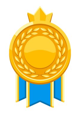 Gold medal with laurel leaves. Game award for the winners. Illustration of prize for sports competitions. Corporate and business achievement.
