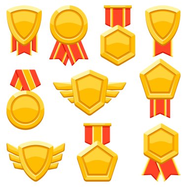 Set of gold medals with ribbon. Game award for the winners. Illustration of prize for sports competitions. Corporate and business achievement.