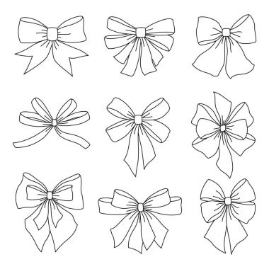 Saten yay çizimi. Hediye çeki ve tasarım için düğümlü kurdele. Dekoratif resim.