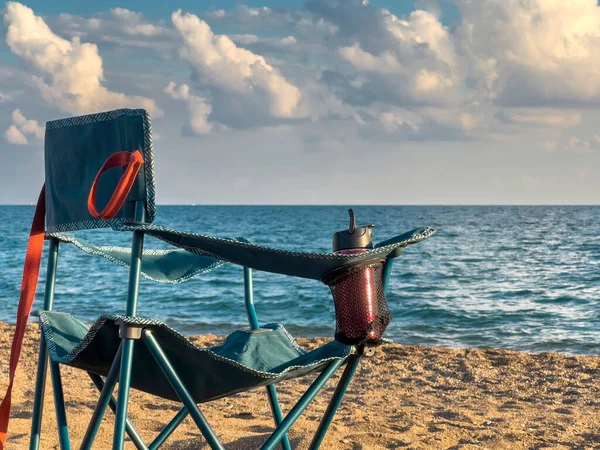 Chaise Camping Pliante Face Mer Sur Plage Soirée Automne — Photo