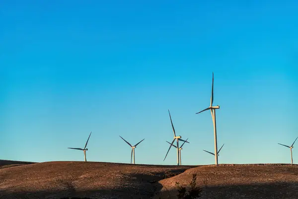 日出时分站在山上发电的多台风力涡轮机 — 图库照片