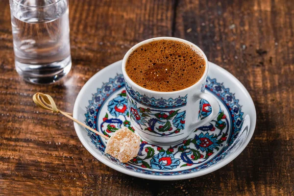 Turkish Coffee Classic Coffee Cup Water Turkish Delight Wooden Table — Stock Photo, Image
