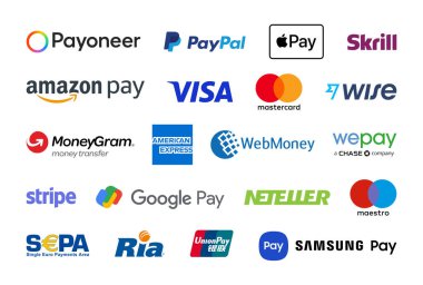 Antalya, Turkey - January 01, 2023: Logos of popular payment systems like Payoneer, Paypal, Apple Pay printed on white paper clipart