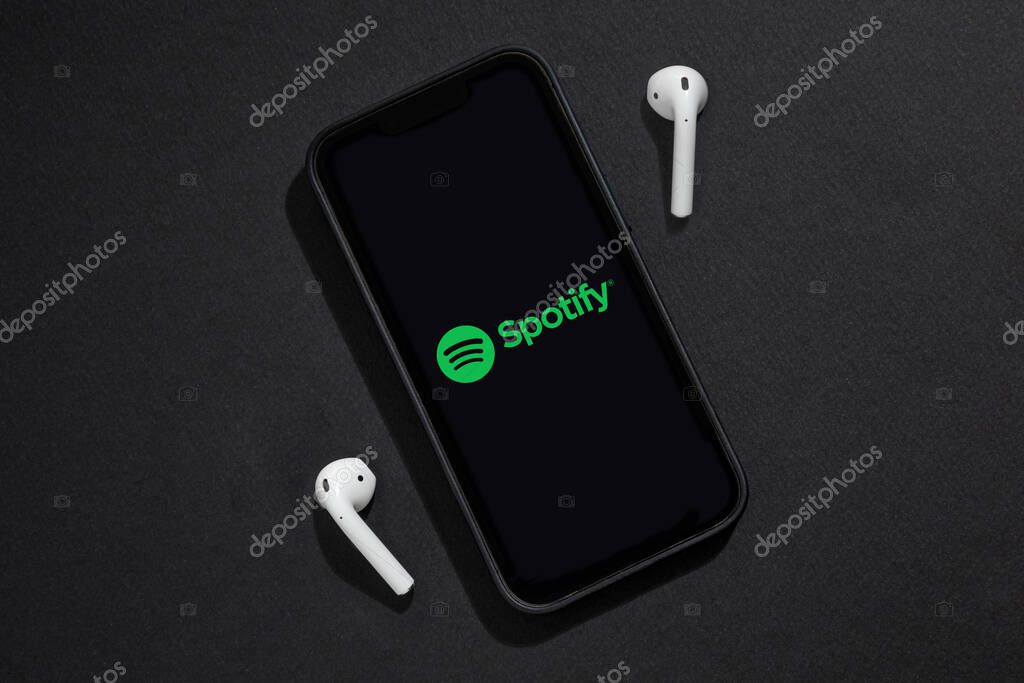 Antalya, TURKEY - March 22, 2023. iPhone 13 pro smart phone screen showing Spotify logo