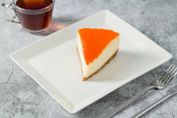Pumpkin Cheesecake Porcelain Plate Tea Stone Table — Stock Photo, Image