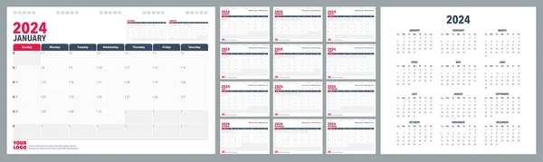 Takvim Planlayıcısı 2024 İngilizce. Hafta başlangıcı Sundey, kurumsal tasarım planlayıcı şablonu