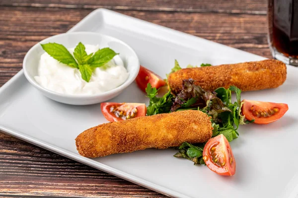 Stock image Mozzarella sticks with greens and sauce on a white porcelain plate