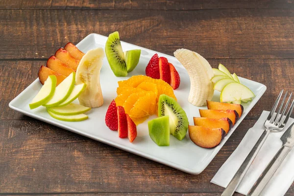 Mixed Assorted Fruits White Porcelain Plate Wooden Table — Stock Photo, Image