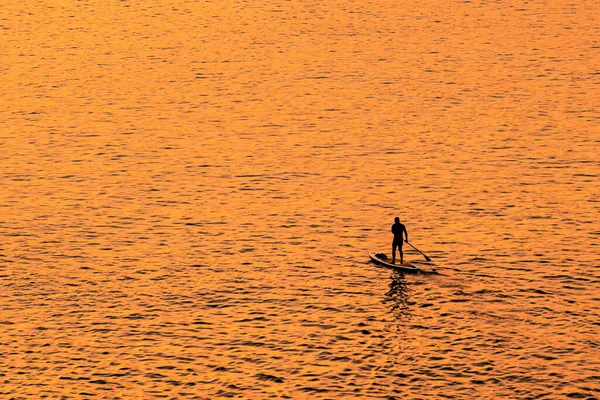Adventurous People Stand Paddle Board Paddling Bright Vibrant Sunrise — Stock Photo, Image