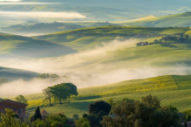 İtalya, San Quirico d 'Orcia' da gündoğumunda Val d 'Orcia vadisinin sisli sabah güneşli tepeleri arasında selvi ağaçlarıyla çevrili bir ev.