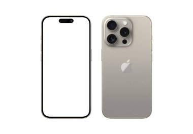 Antalya, Türkiye - 14 Eylül 2023: Yeni piyasaya çıkan Doğal Titanyum iPhone 15 profosyonel modelleme seti