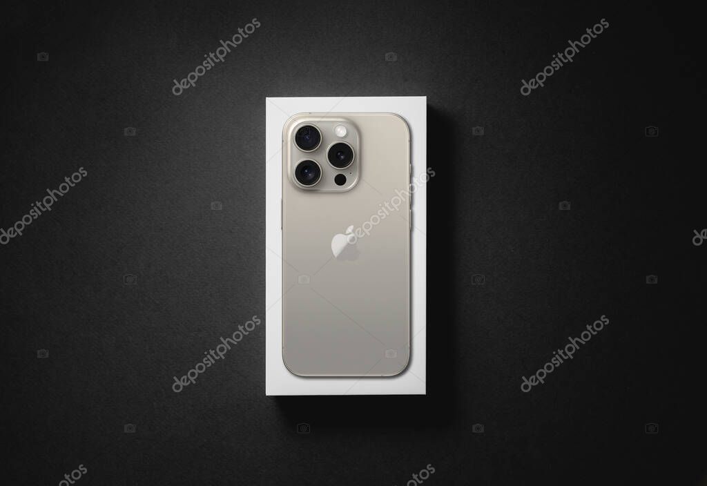 Antalya, Turkey - September 18, 2023: Newly released Natural Titanium iPhone 15 pro mockup set with back and front angles